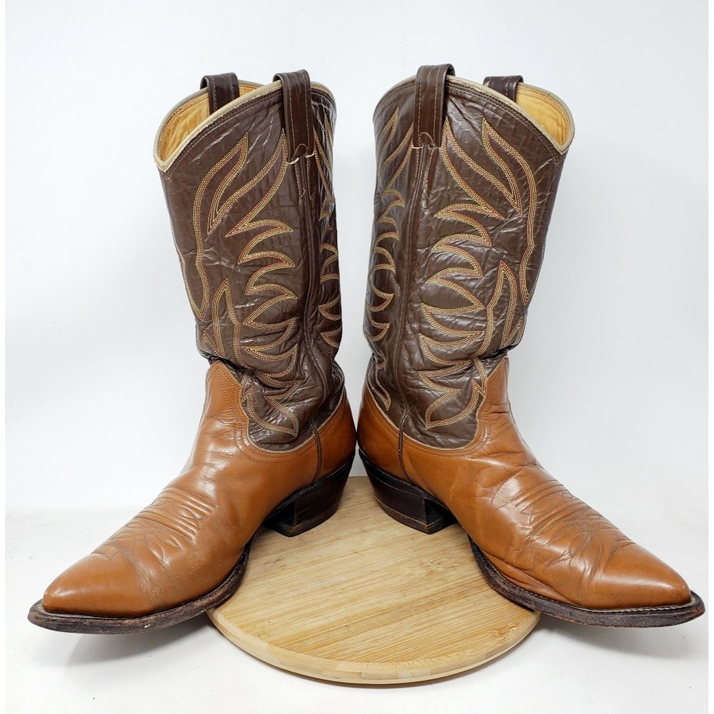 Nocona Boots Mens 9 D Two Tone Brown Leather Vintage Retro Western Cowboy Shoes